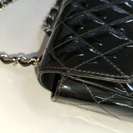 Chanel Baguette Flap Shoulder Bag Black Patent Leather Silver Double Chain