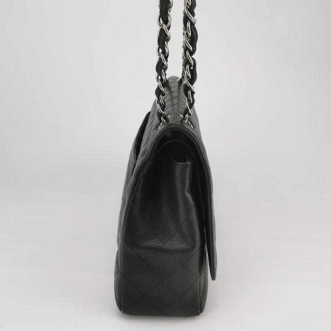 Chanel Classic Flap Maxi Black Caviar Leather Double Flap Sliver Hardware