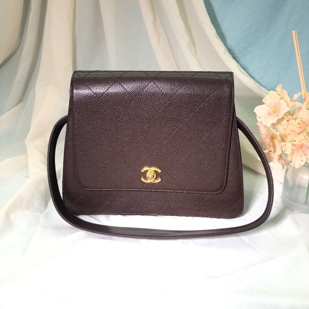 Chanel Vintage Kelly Brown Caviar Leather Shoulder Bag 24k Gold Hardware, 1996-1997-Luxbags