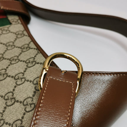 Gucci Jackie 1961 Large Brown Leather and Monogram Web with Long Strap