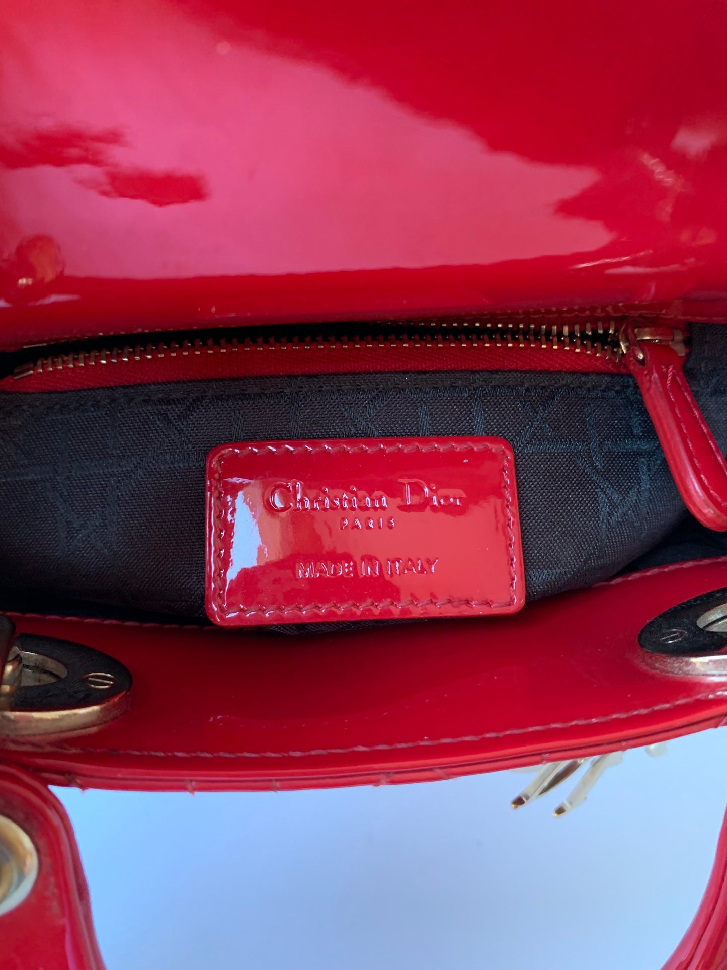 Sold Lady Dior Patent Leather Red Mini handbag with gold hardware