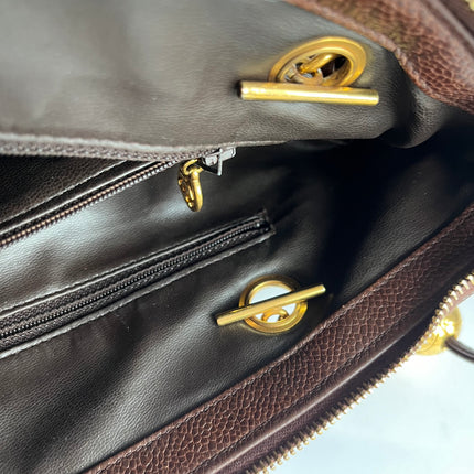 Chanel Vintage Front Pocket Tote Chocolate Brown Caviar Leather Double Gold Leather Chain