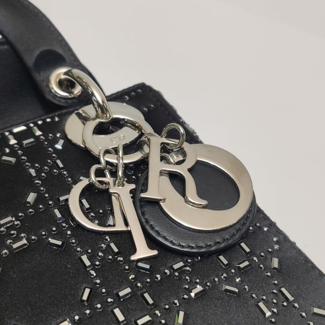 Lady Dior Mini Black Silk with Crystals Silver Hardware
