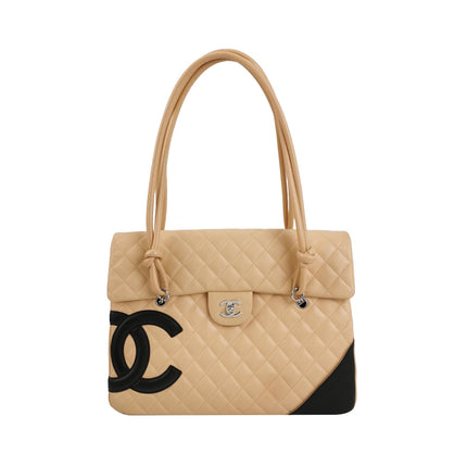 Chanel Cambon Flap Maxi Beige Calfskin Leather Double Strap Shoulder Bag-Luxbags