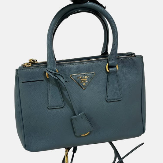 Prada Galleria Saffiano Leather Mini Grey Blue Handbag with Strap-Luxbags