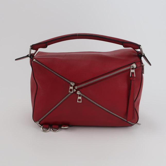 Loewe Puzzle Medium Red Leather with Zipper Crossbody Bag
