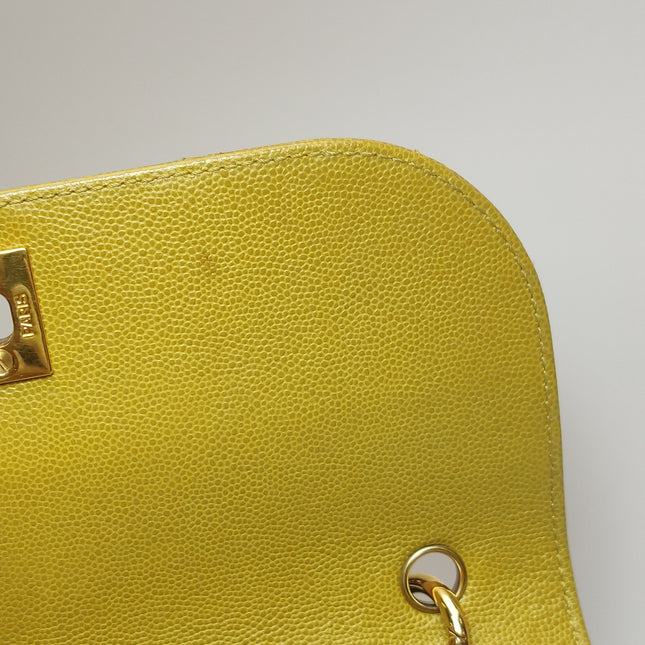 Chanel Vintage Kelly Flap Bag Yellow Caviar Leather 24k Gold Hardware 1997-1999