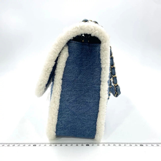 Chanel Blue Denim White Shearling Egyptian Hieroglyph Maxi Flap Bag Gold Hardware, 2019