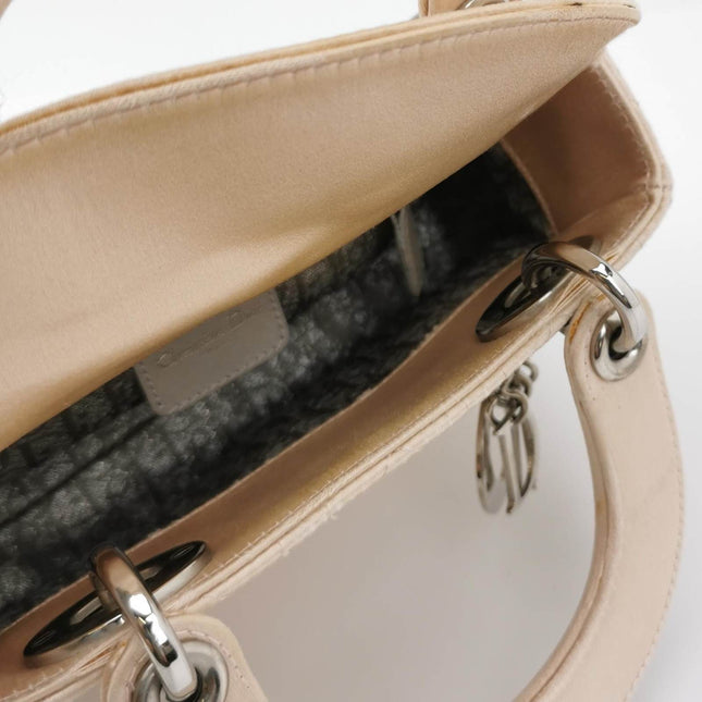Sold Lady Dior Mini 2004 Beige Silk Handbag Silver Hardware
