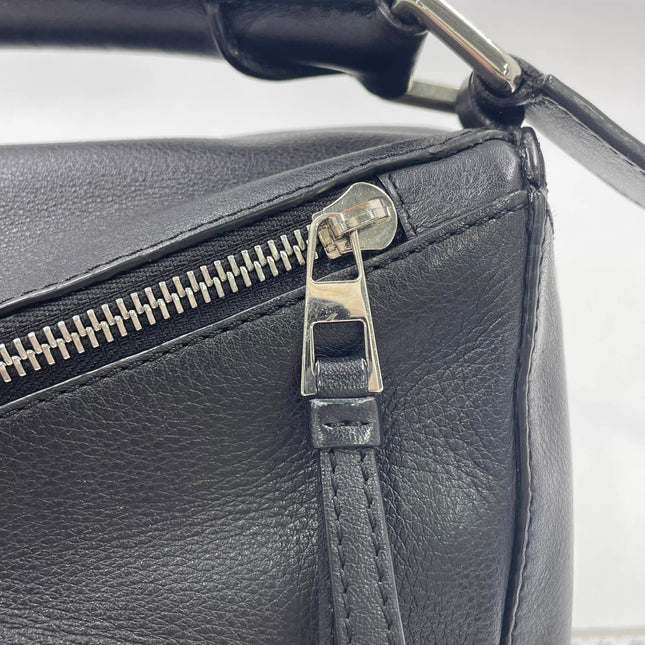 Loewe Puzzle Small Black Smooth Leather White Logo With Metal Feet