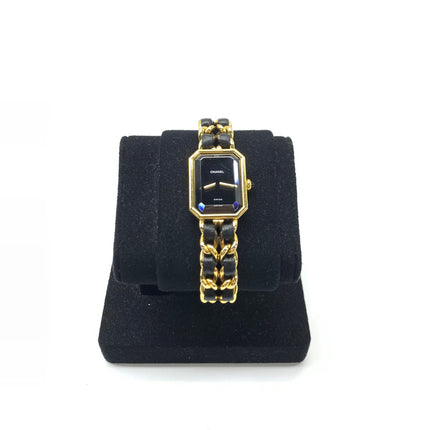CHANEL 1987 Vintage PREMIERE Watch Medium Black Leather and 24KT Yellow Gold Plated