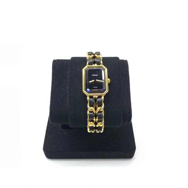 CHANEL 1987 Vintage PREMIERE Watch Medium Black Leather and 24KT Yellow Gold Plated