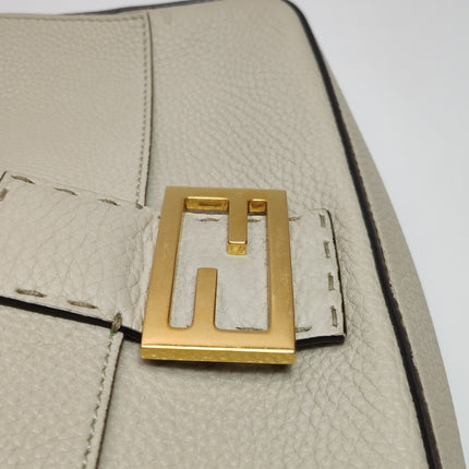 Fendi Baguette Selleria Medium White Grey Calfskin Leather Green Interior Crossbody Bag