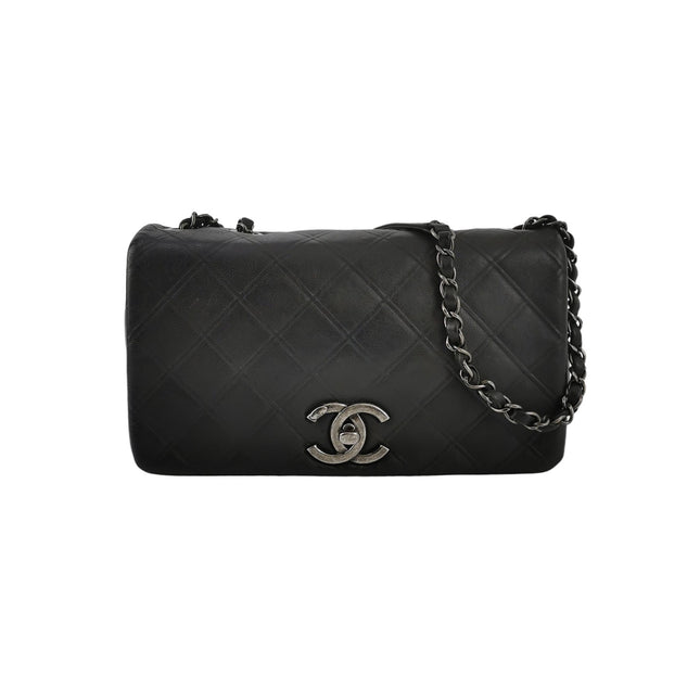 Chanel CC Matelasse Medium Black Calfskin Leather Single Flap Bag Silver Hardware-Luxbags