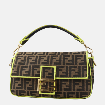 FENDI Baguette Zucca Monogram Canvas with Lime Neon Trimming Medium-Luxbags