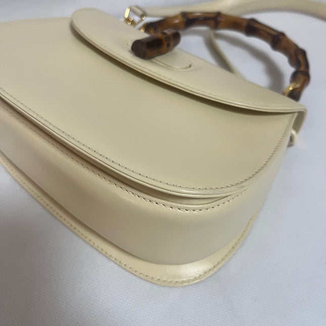 Gucci Bamboo 1947 Vintage Small White Box Leather Top Handle and Leather Strap Bag