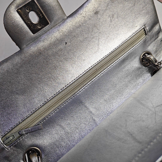 Chanel Classic Flap Medium Silver Lambskin Leather Silver Hardware