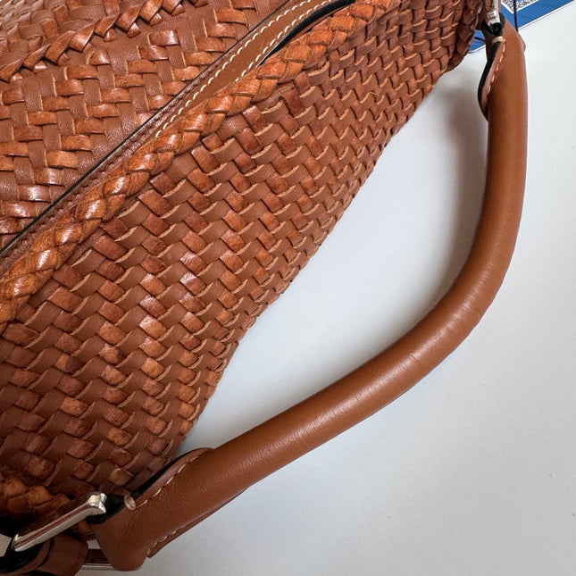 Loewe Puzzle Small Leather Woven Braided Caramel Tan Crossbody Bag