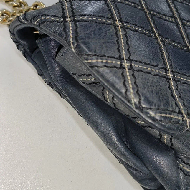 Sold Chanel Classic Flap 2014 Medium Navy Fabric Diamond Quilting Crossbody Bag