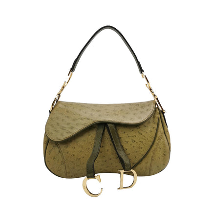 Dior Vintage Double Saddle Green Ostrich Leather Gold Hardware-Luxbags