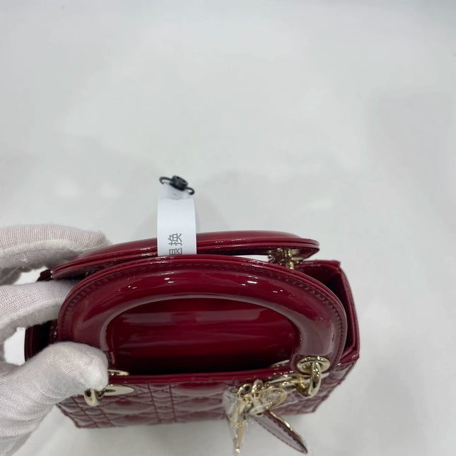 Lady Dior Mini Handbag Burgundy Red Patent Leather Gold-tone Chain Strap 2020 Suede Interior