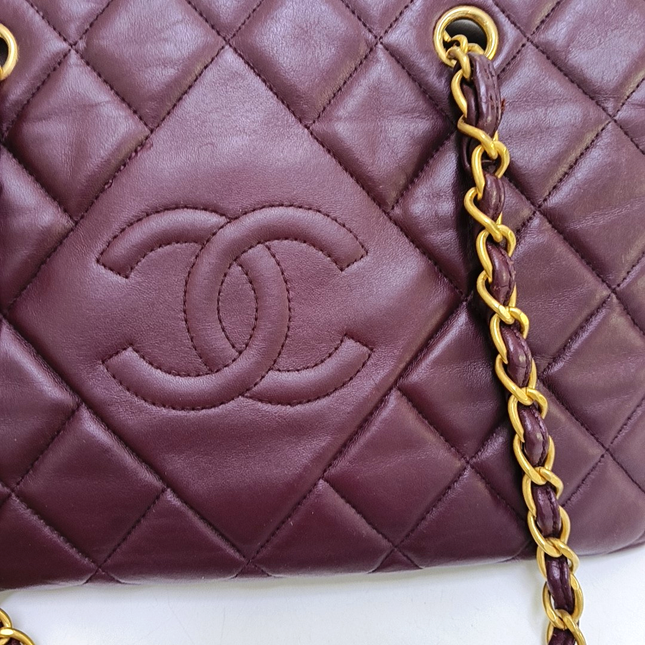 Chanel Petite Shopping Tote PTT Burgundy Lambskin Leather Gold-Tone Chain Shopping Bag