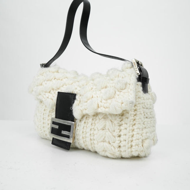 Sold Fendi Baguette Bag White Wool Pompom Shoulder Bag