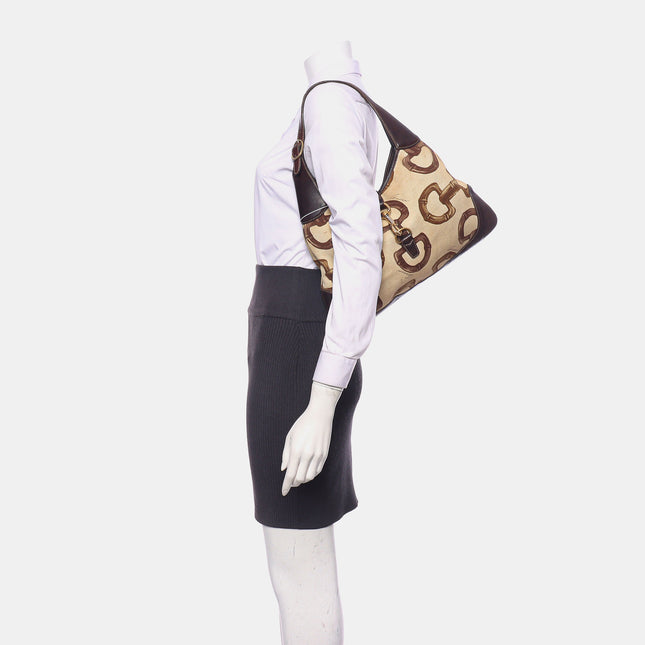 Gucci Jackie Vintage Medium Horsebit Print Cloth and Brown Leather Gold Hardware