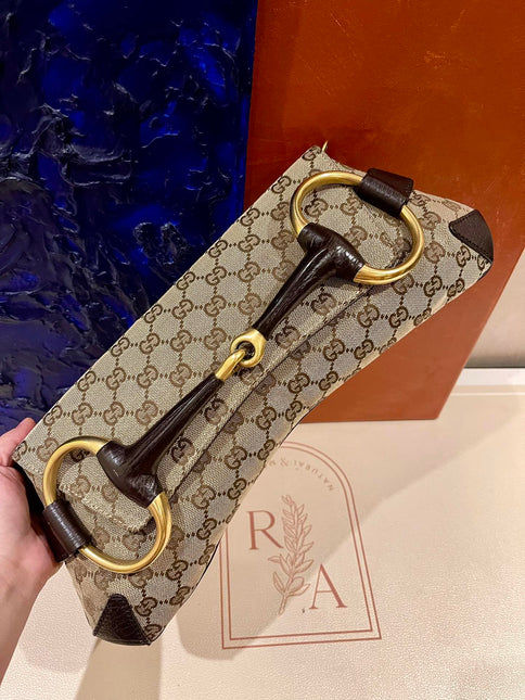 Sold Gucci Horsebit 1955 Large Cloth Beige Monogram Brown Leather Shoulder bag