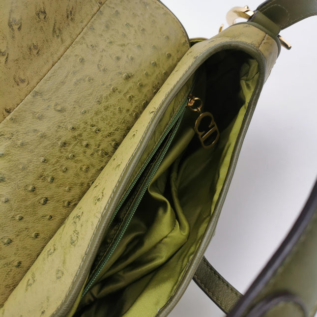 Dior Vintage Double Saddle Green Ostrich Leather Gold Hardware
