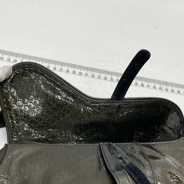 Dior Saddle Small Vintage Shoulder Bag Dark Green Oblique Print Patent Leather