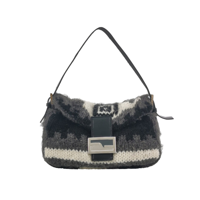 Fendi Baguette Bag Grey and White Wool Knit Shoulder Bag-Luxbags