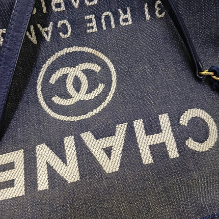 Chanel Deauville Tote Navy Denim Cloth Leather Chain Strap Gold Hardware Medium 30cm