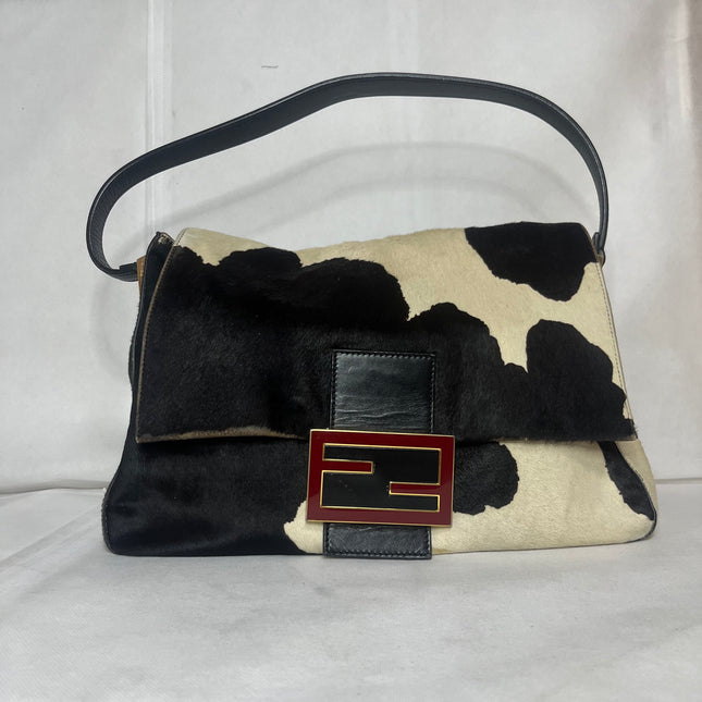 Fendi Mamma Baguette Large Pony hair in Cow Print Black and White-Luxbags