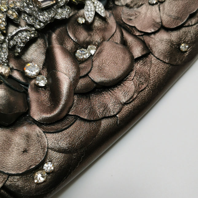 Valentino Flower And Crystal Embellished Metallic Copper Lambskin Leather Clutch