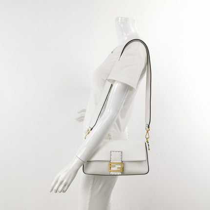 Fendi Baguette Selleria Medium White Calfskin Leather Crossbody Bag