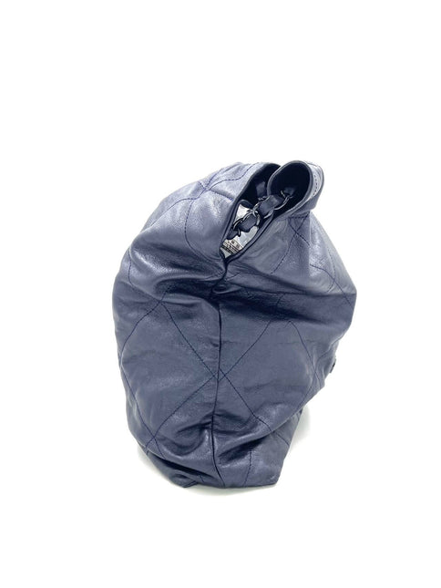 Chanel 22 Hobo Bag Medium Shiny Calfskin Leather Metallic Navy