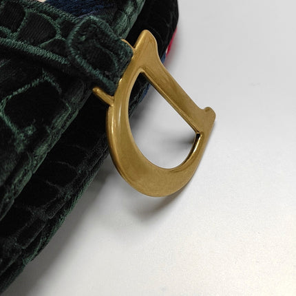 Dior Saddle Medium Green Velvet Crocodile Style Print Handbag