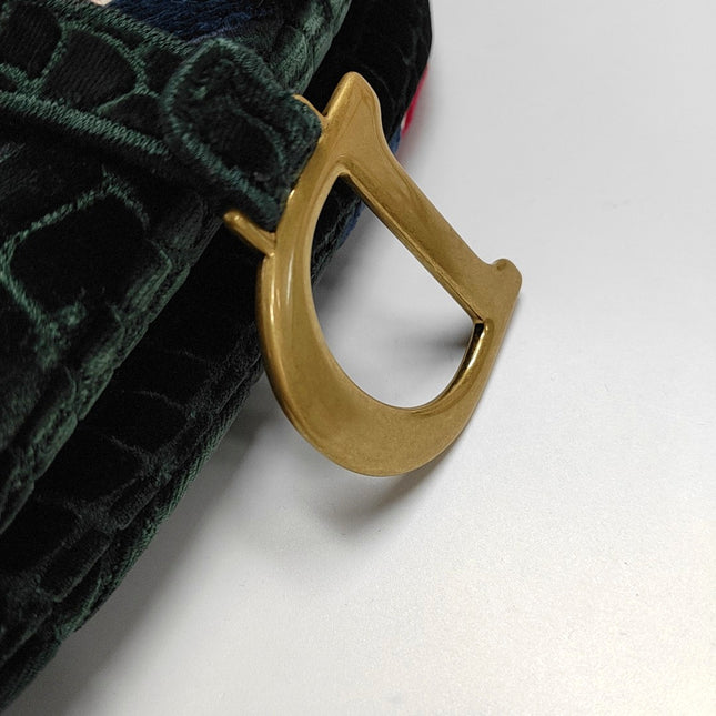 Dior Saddle Medium Green Velvet Crocodile Style Print Handbag