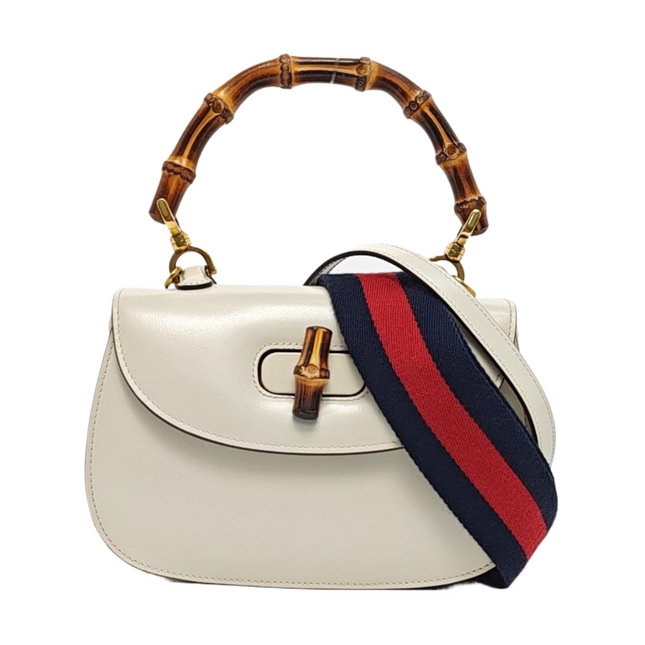 Gucci Bamboo 1947 Top Handle Bag Small White Box Leather Canvas Strap-Luxbags