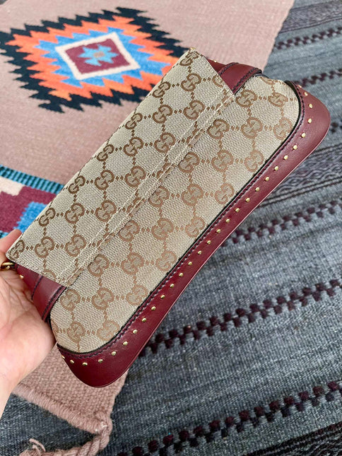 Gucci Horsebit 1955 Small Cloth Beige Monogram Burgundy Leather Shoulder bag