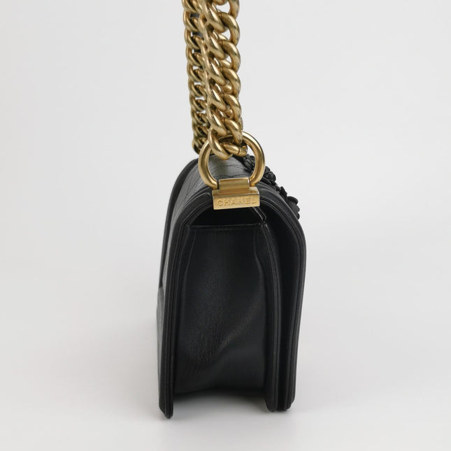 Chanel Le Boy Bag Small Camellia Black Lambskin Leather Gold Hardware