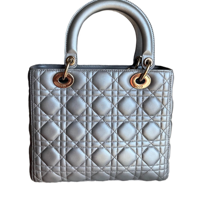 Sold Lady Dior Pearlescent Grey Medium Lambskin Cannage Leather Handbag