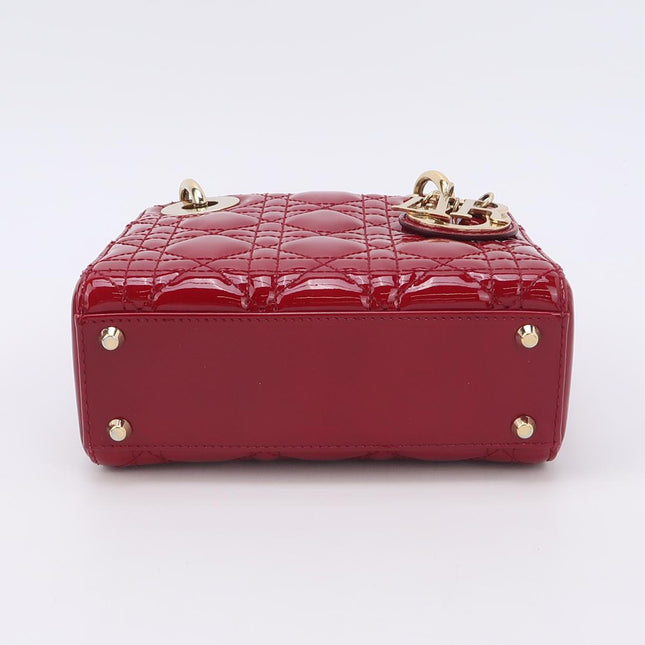 Lady Dior Mini Handbag Burgundy Red Patent Leather Gold-tone Chain Strap