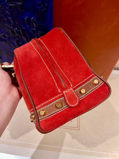 Sold Loewe Amazona 28 160th Anniversary Red Suede Badges Embellished Handbag