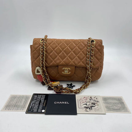 Chanel Seasonal Flap Medium Caramel Tan Brown Leather Valentine Marine Charms