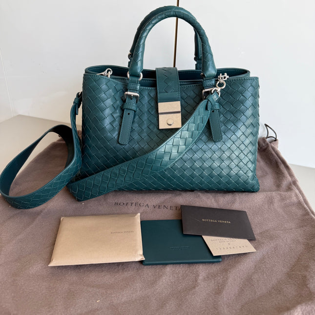 Bottega Veneta Roma Intrecciato Nappa Leather Peacock Green With Strap Small 30cm-Luxbags