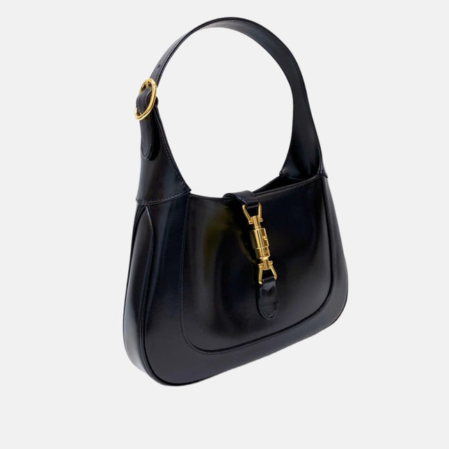 Gucci Jackie 1961 Black Leather Bag Small Piston Lock With Strap