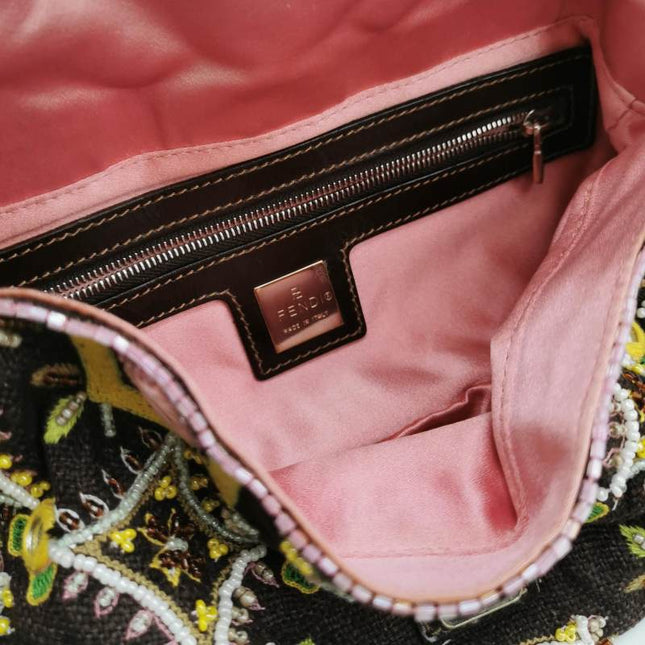 Fendi Baguette Vintage Brown Canvas with embroidery sequins mirrors and tassels