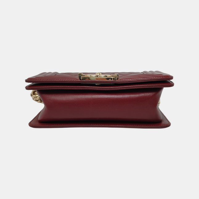 Chanel Le Boy Small Burgundy Lambskin Leather Antiqued Gold Hardware